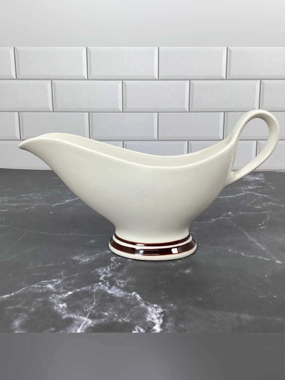 Vintage Bryan China Restaurant Ware Brown White Gravy Boat with Ladle, Sauce